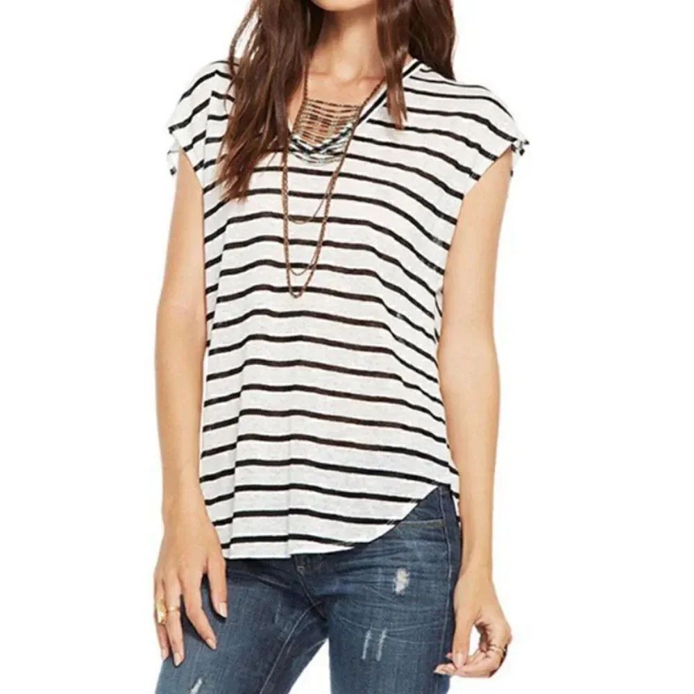 Vince Linen White And Black Striped Scoop Neck Top Size M